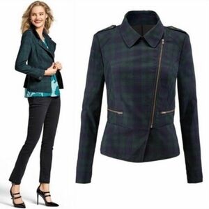 Cabi Tartan Plaid Asymmetrical Moto Academia Zip Jacket Women Size 12 Style 3181